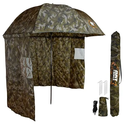 Angelschirm mit Seitenwand 220cm - Ideal für Wind- und Wetterschutz - Sonnenschirm mit 220cm Bogenmaß und Reißverschluss-Seitenwänden, perfekt für Angeltrips. Stabil und leicht, inklusive Heringe und Abspannleinen für windige Tage.