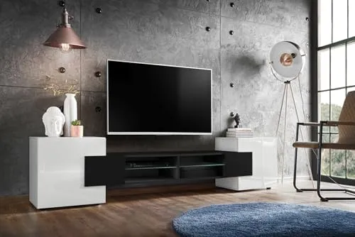 Komodee Merano TV Schrank, Weiss Schwarz - TV-HALTERUNGEN: Moderner TV Schrank aus hochwertigen Materialien, bietet Platz für Fernseher und Soundsystem, Maße 230 x 52,5 x 35 cm.