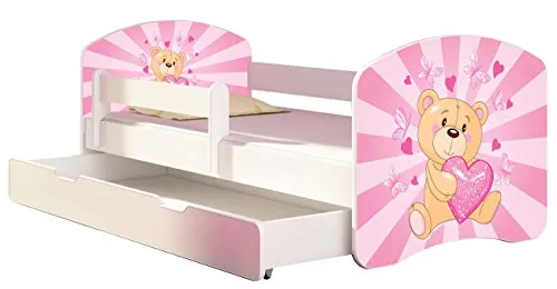 Kinderbett Jugendbett mit einer Schublade und Matratze Weiß ACMA II 140 160 180 40 Design (140x70 cm + Bettkasten, 10 Teddybär)
