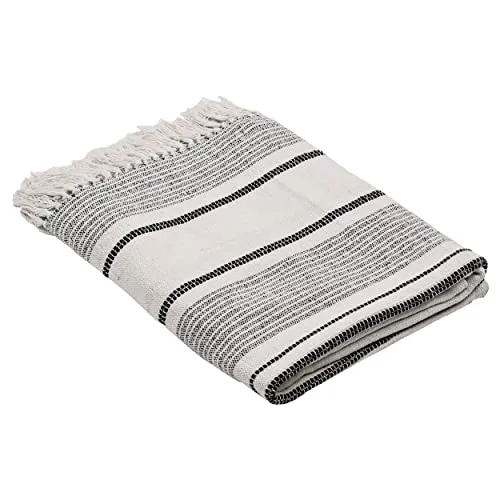 EGLO LIVING Decke Longlac, Kuscheldecke im Nature Design, Wolldecke für Couch, Sofadecke aus Baumwolle in Creme und Grau, 130x170 cm