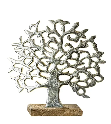 Alu Lebensbaum auf Holzbasis - Silber Mango 38 cm - Moderne Dekoobjekt für jeden Raum, aus hochwertigem Aluminium und Holz, bringt Eleganz und Naturverbundenheit in Ihr Zuhause.