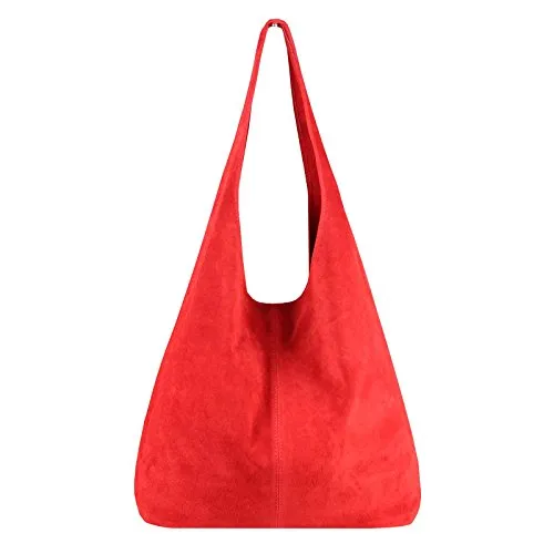 OBC Made IN Italy Damen Leder Tasche Handtasche Wildleder Shopper Schultertasche Hobo-Bag Henkeltasche Beuteltasche Velourleder (Rot (Wildleder))