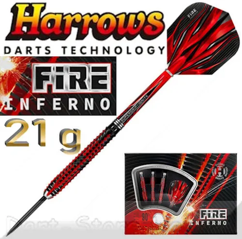 Harrows Fire Inferno 90% 21 Gramm Steel-Dartpfeile - Hochwertige 90% Wolfram-Darts mit feuerroter Metallic-Beschichtung und einzigartigem Feuereffekt, ideal für präzises und kraftvolles Werfen.