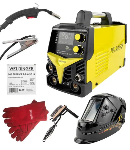 WELDINGER Fülldrahtschweißgerät ME 130 mini FLUX ECO - Schweißgeräte für Fülldrahtschweißen, ideal für Baustahl mit einem Schweißstrom von 20-130 A und 100% Einschaltdauer – perfekt für Hobby und Professionelle.