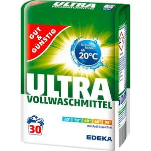 GutundGünstig Waschmittel Vollwaschmittel Ultra, Pulver, 2,025kg - Vollwaschmittel für weiße und helle Textilien. Energieeffizient bei niedrigen Temperaturen ab 20°C. Schützt Ihre Wäsche mit Anti-Grau-Formel für strahlende Frische und Reinheit.
