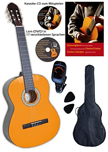 Konzertgitarre 3/4 von Clifton – Komplettset - Konzert-Gitarre 3/4 mit Fichtendecke, inklusive Lernbuch, Karaoke CD, Lern-DVD und digitalem Stimmgerät. Ideal für Einsteiger und Musikliebhaber!