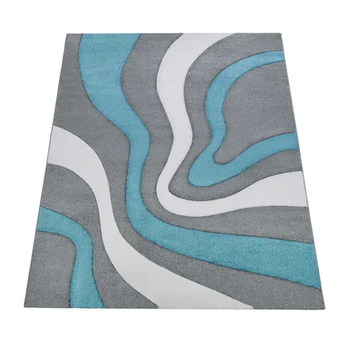 Paco Home Designer Teppich Grau Türkis Weiss, 80x150 cm - Moderne Teppiche, 100% Polypropylen, maschinell gewebt, ideal für Fußbodenheizungen und mit STANDARD 100 by OEKO-TEX Zertifizierung.