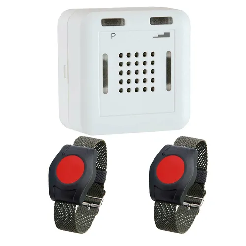 ELDAT Pflegeruf Set für zwei Senioren - Hausnotrufanlage mit 2 wasserdichten Notrufknöpfen, ideal für die Sicherheit von Senioren. Inklusive tragbarem Sender und Basisstation für zuverlässige Hilfe im Notfall.