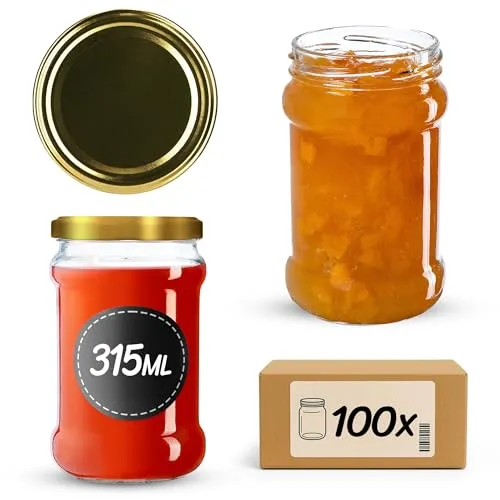 KADAX 100st Einmachgläser 315 ml mit fi66 mm Schraubdeckel für Honig, Dessert, Marmeladen | Luftdichte Gläschen, Einmachglas, Rundgläser, Konfitürengläser, Honiggläser (100 Stück, Gold)