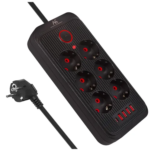 Steckdosenleiste 6 Steckdosen Verlängerungskabel 2500W 4xUSB Schwarz 1.5m 240V