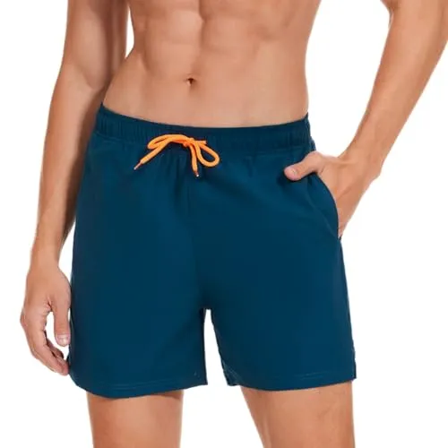 AMZSPORT Badehose Herren Wasserabweisend Badeshorts Schwimmhose mit Mesh-Futter und Taschen, Pfauenblau XL
