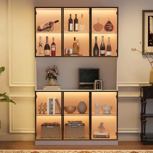 BTM 120x34x200cm Vitrine, Standvitrine 6 Schranktüren, Freilagerbereich, Hochschrank, Glasvitrine LED, Wohnzimmerschrank 120 cm breit, Multifunktionsschrank, Großer Schrank, Weiß