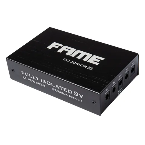 Fame DC Junior Multinetzteil - Kompaktes Multinetzteil für bis zu fünf 9V Effektpedale, bietet zuverlässige Stromversorgung ohne Störungen und schützt durch FCLC-Technologie vor Überlast und Kurzschluss.