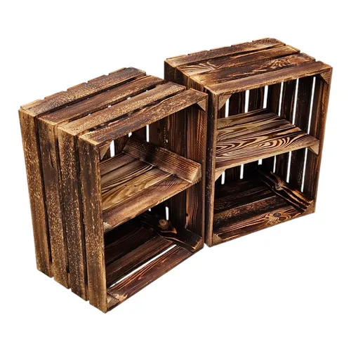Geflammte Holzkisten - 2er Set Dekoregal 50x40x30 cm - Regale & Aufbewahrung - Stilvolles, an der Wand montierbares Holzregal im Vintage-Look, ideal für kreative Dekoration und praktische Aufbewahrung.