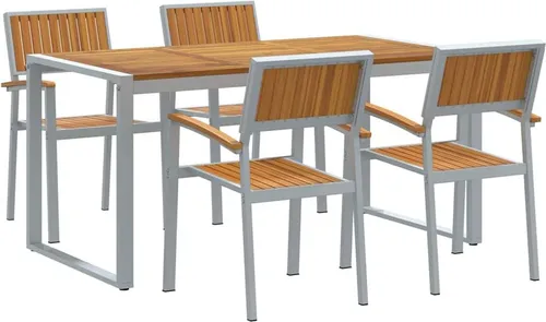 vidaXL Garten Essgruppe 5 pcs Grau und Braun - Moderne Gartentischgruppe aus robustem Akazienholz und Stahl, wetterfest und ideal für gesellige Familienessen im Freien. Bietet Platz für bis zu 4 Personen und vereint Stil mit Funktionalität.