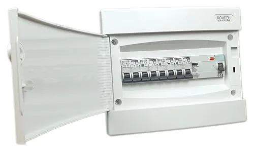 RoadEu Leitungsschutzschalter - Sicherungskasten Komplett mit Fi Schutzschalter 400V - Verteilerkasten mit 40A 30mA Fehlerstromschutzschalter, ideal für sichere Innenanwendungen. Einfach zu installieren und schützt vor Überstrombelastung.