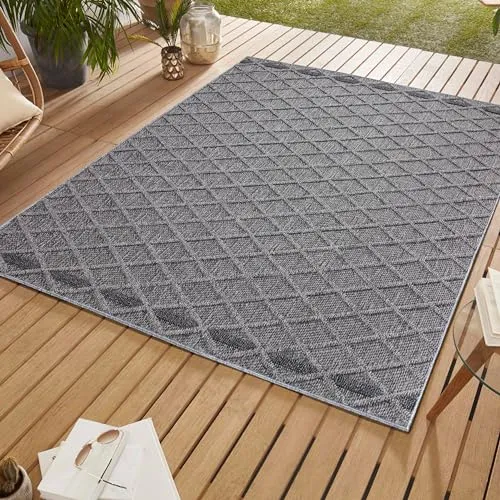 SIMPEX Outdoor Teppich, Rauten Design, Teppich Grau, 80 x 250 cm, Teppich skandinavischen Stil, Küche, Balkon, Terrasse, Garten, Picknick