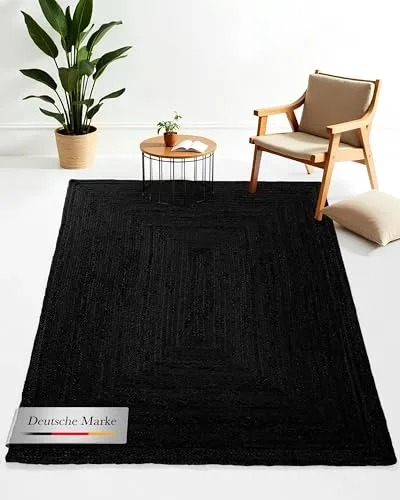 carpetfine Juteteppich Nele Anthrazit handgewebt aus Jute Rechteckig 60x100 cm | Moderner Naturteppich Uni im Boho - Style Flachgewebe Teppich für Wohnzimmer und Schlafzimmer