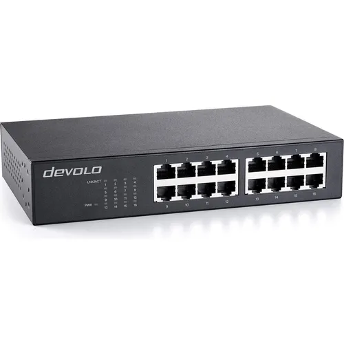 DEVOLO Gigabit Ethernet Switch 16 Port - Netzwerk-Switch mit 16 Ports für blitzschnelle Datenübertragung bis 1000 Mbit/s, ideal für große Netzwerke und einfache Integration ohne Konfiguration.