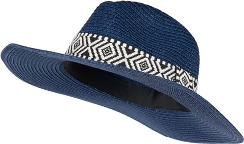 styleBREAKER Damen Panama Sonnenhut Einfarbig mit Stoff Hutband mit Azteken Muster, Strohhut, Schlapphut, Sommerhut, Fedora Hut 04025046, Farbe:Dunkelblau