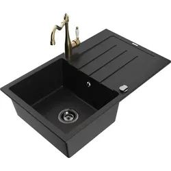 Mexen Bruno Granitspüle mit Abtropffläche und Mischbatterie Carla, Schwarz