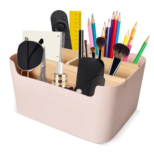 Naapesi Schreibtisch-Organizer mit 5 Fächern, Aufbewahrungsbox aus Kunststoff und Holz, Multifunktionaler Abnehmbarer Schreibtischhalter für Fernbedienungen, Kosmetika, Stifte und Brillen (Rosa)