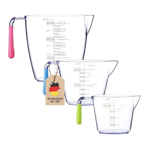 Intirilife 3er Pack Messbecher -200 ml, 400 ml, 900 ml- 3 teiliges Küchenmessbecher Set mit Griff, präzise Messkanne aus Kunststoff mit Skala & Ausguss, verschiedenen Größen zum Kochen Backen Abmessen