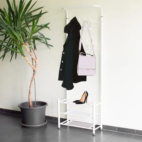 Standgarderobe Jackenständer BITUXX mit Schuhregalen - Kleiderständer mit 3 Schuhregalfächern, freistehend und pflegeleicht, ideal für Flur und Eingangsbereiche.