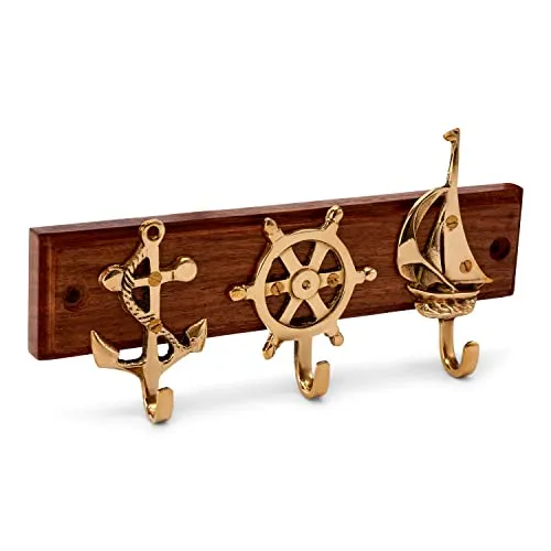 NKlaus Maritim Schlüsselbrett Messing auf Holz Anker, Steuerrad, Boot Schlüsselhalter 11607