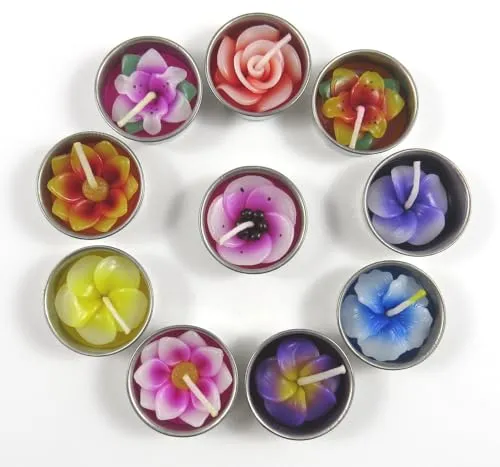 Teelichter und Nachfüllpackungen für Kerzenhalter mit 10 Duftkerzen in Blumenform (Hibiskus, Lilie, Sakura, Lotus, Rose, Frangipani)