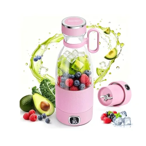 Spardar 350 ml Tragbare Mixer, Smoothie Maker mit 6 Klingen, Intelligentem LED-Display, Wiederaufladbarer USB Mixer, Trageschlaufe, Zerkleinert Eis und Gefrorene Früchte, Reisen und Arbeit, Rosa