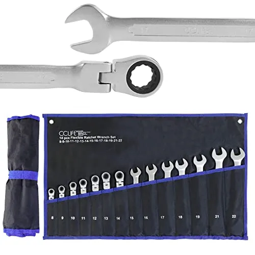 CCLIFE 14tlg Gelenk Ratschenschlüssel Set 8-22mm - Schraubendreher Set mit 14 Größen, flexibles Gelenk-Design für schwer zugängliche Stellen und langlebige Chrom-Vanadium-Stahl-Konstruktion.