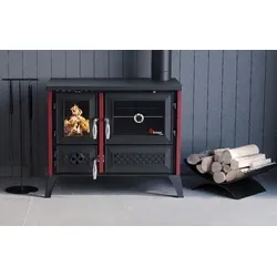 EEK A Küchenofen Holzherd 801 - STELLA bordeaux, 9,12 kW - Küchenofen mit 9,12 kW, ideal zum Kochen und Heizen. Genießen Sie das gemütliche Feuerpanorama und die effiziente Energieausbeute von 76%.