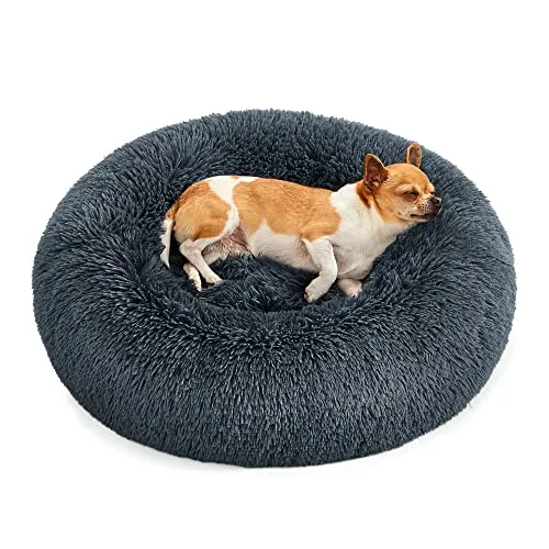 Feandrea Hundebett flauschig, Katzenbett, Donut Kissen, waschbar, Polsterung in der Mitte herausnehmbar, Langer Plüsch, 60 cm Durchmesser, dunkelgrau PGW038G02