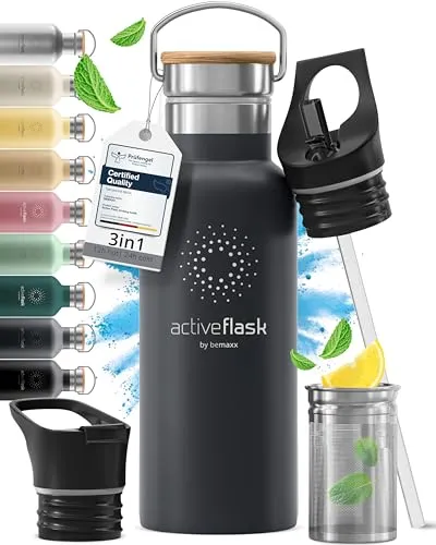 Produktbild Trinkflasche Edelstahl mit Strohhalm, Infuser + 3 Deckel: BPA-frei, Auslaufsicher, Kohlensäure geeignet