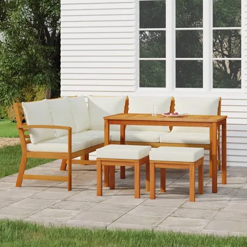 Gartenlounge Holz Ecksofa Sitzgruppe mit Esstisch und Hocker - Gartenmöbel Set aus massivem Akazienholz mit modularer L-Form für individuelle Konfiguration. Bequeme, dick gepolsterte Kissen sorgen für entspannten Komfort im Freien.