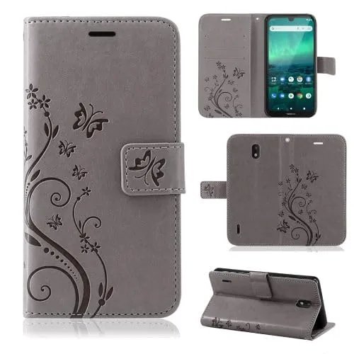 betterfon Hülle Kompatibel mit Nokia 3.1 Plus | Premium PU Leder Handyhülle Wallet Case für 3.1 Plus | Schutzhülle Blumen Klapphülle Handyhülle | Grau