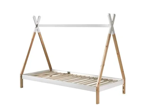 FURNLUX Tipi Kinderbett, 90x200 cm, Hausbett Design, Beige, Kiefernholz, 99x206x158 cm