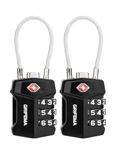 GRIFEMA [2er Pack] TSA-geprüftes Reiseschloss mit 3-stelligem Code – Bruchfestes Stahlkabel, Kombinationsschloss aus Zinklegierung für Koffer, Rucksack, Sporttasche, Schließfach – Schwarz