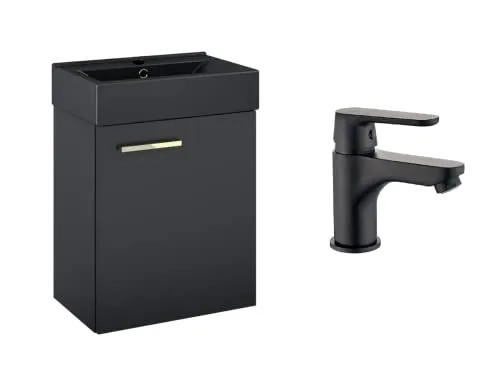 VBChome Badmöbel Set 45 cm Schwarz Matt Waschbecken mit Hängeschrank mit Armantur Schwarz Waschtisch 1-Türen Soft-Close Waschtischarmatur Schwarz Modern Elegant