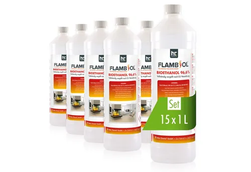 FLAMBIOL Bioethanol 96,6% Premium - 15x 1 L für Ethanol-Tischkamin - Brennstoffe: Hochwertiges, geruchsarmes Bioethanol für saubere, rußfreie Verbrennung in Ethanol-Tischkaminen. Genießen Sie stimmungsvolle Abende ohne Rauch!