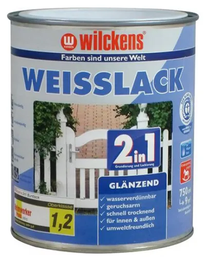 Wilckens Lackfarbe 2 in 1, Weißlack, 0,75l - Hochdeckende wasserbasierte Grund- und Deckanstrichfarbe für Innen und Außen. Ideal für Holz, Metall und Kunststoff. Schnelltrocknend und lichtbeständig - perfekt für Kindermöbel und Spielzeug.