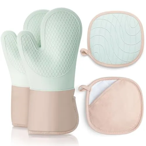 Romon Ofenhandschuhe, Topfhandschuhe Topflappen mit Silikon Handschuh Backofen 4er Set, Hitzebestaendig 350° und Extra Lang Waschbare, Backhandschuhe Kochhandschuhe zum Kochen Backen Grillen, Grün