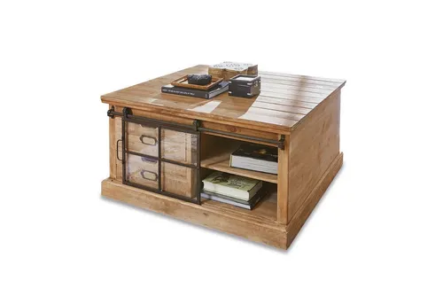 Mirabeau Couchtisch Finegand antikbraun - Couchtisch im Industrial-Style aus Tannenholz mit Metallschiebetür und 4 Glasfenstern. Bietet ausreichend Stauraum und verleiht Ihrem Wohnraum einen einzigartigen Charakter.