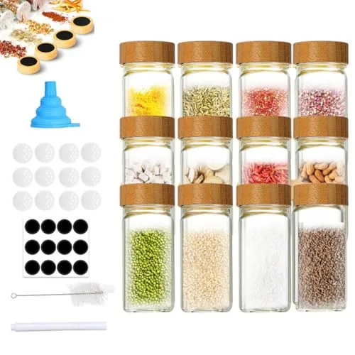 TTSTOIEE Gewürzgläser 12 Stück, Gewürzorganisator mit Bambusdeckel, Gewürzgläser mit Etiketten,Spender/Trichter/Etikett+Marker Gewürzdosen 120ml