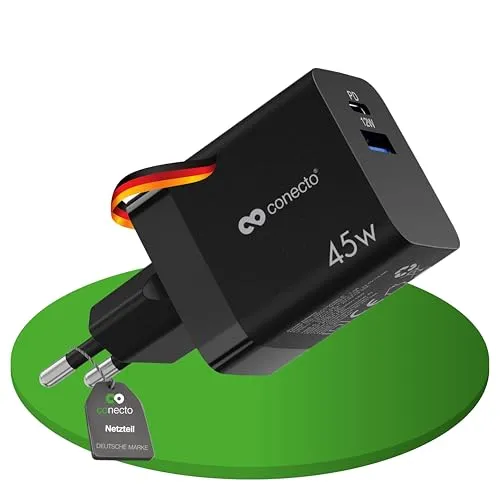 conecto USB C Ladegerät, 2 Port Mehrfach Adapter, Netzteil 45 Watt Schnellladegerät kompatibel mit Apple iPhone 15, Samsung, Tablet, Laptop UVM, GaN QC PD Charger, Schwarz