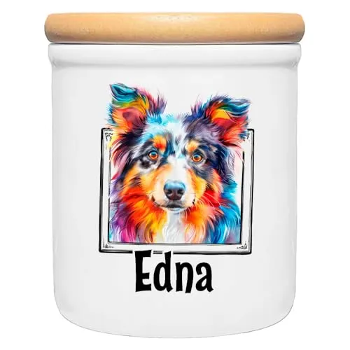 Cadouri Keramik Leckerli-Dose AUSTRALIAN SHEPHERD – personalisierte Snackdose für deinen Hund - Hochwertige Keramik-Leckerli-Dose mit Holzdeckel, ideal zur Aufbewahrung von Hundekeksen. Hygienisch, geschmacksneutral und ein dekorativer Blickfang in deinem Zuhause.