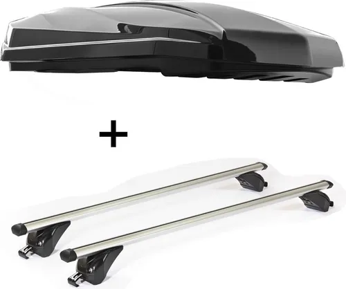 DACHBOX STRIKE 440 Liter schwarz hochglanz + Dachträger/Relingträger KING 2 120 cm kompatibel mit Bmw X3 (G01) (5 Türer) ab 17