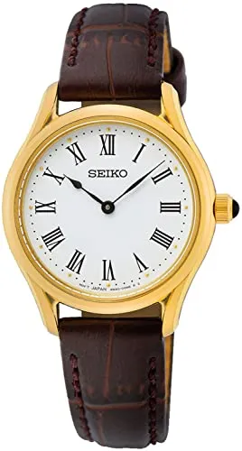 Seiko Damen Analog Quarz Uhr SWR072P1 - Elegante Armbanduhr für Damen mit robustem Edelstahlgehäuse und kratzfestem Saphirglas. Das hochwertige Lederarmband sorgt für optimalen Tragekomfort. Ideal für jeden Anlass und bis 5 BAR wasserdicht.