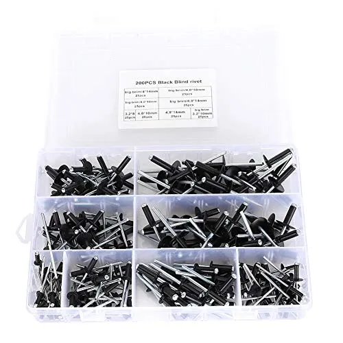 Blindnieten, 200 Stück, Set mit Blindnieten, schwarz, Sortiment von Blindnieten aus Aluminium, 3,2/4,0/4,8 mm, Reparatur, Bolzen, Dekoration, Maschinen, Schrauben, Muttern, Flachnieten